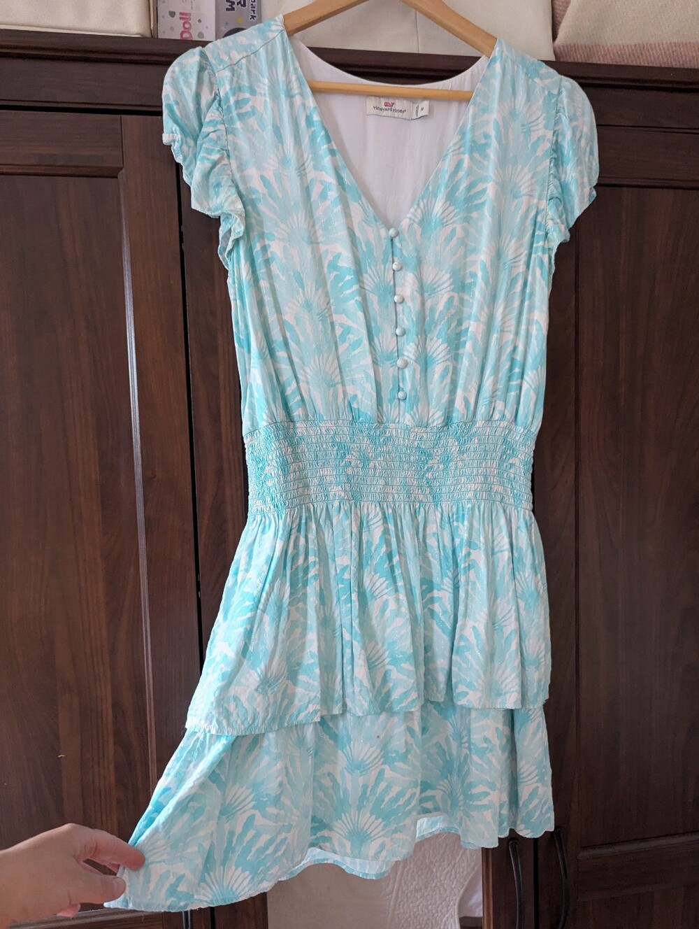 Summer Mini Dress Tiered Ruffle Floral Skirt Aqua Blue White Short Sleeve Medium